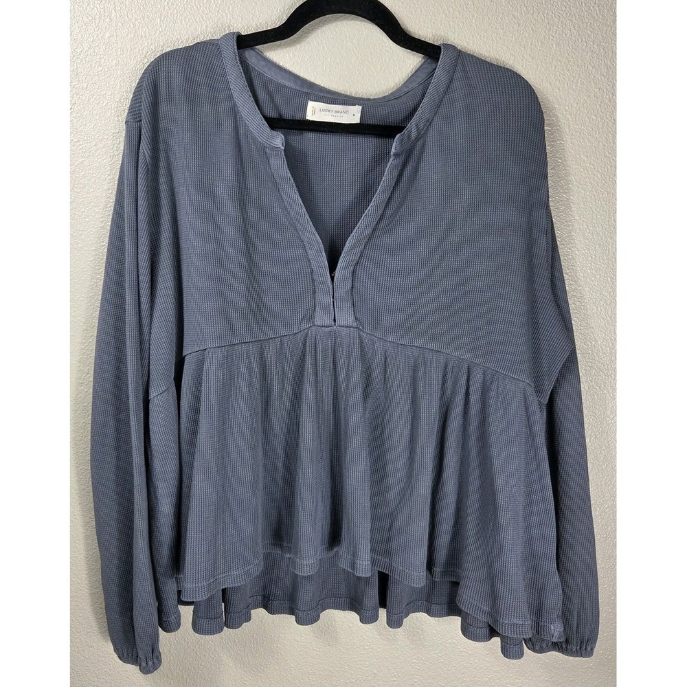 Lucky Brand Gray Waffle Knit Peplum Top M Long Sleeve‎ Babydoll Cotton
